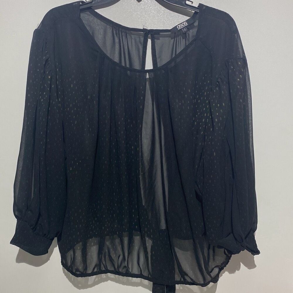ASOS Women's Black Swiss Dot Chiffon Crew Neck‎ Tie Front Blouse Size 16